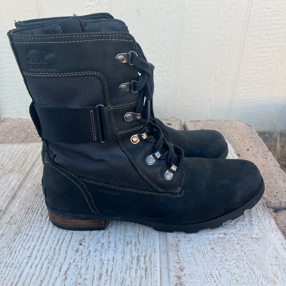 Sorel Emelie Conquest Boots Black Leather Moto Waterproof Shoes Women's Size 9.5
